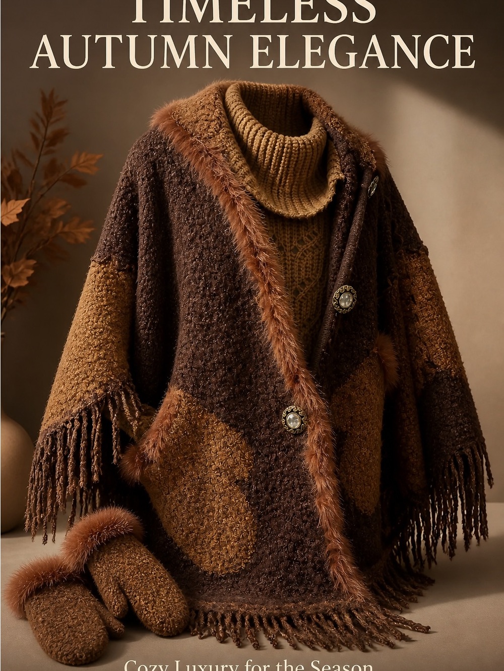 Women's Brown Faux-Fur Trim Knit Poncho Coat